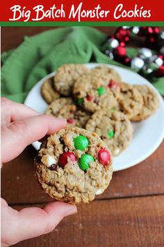 Chewy monster cookies are so delicious. These peanut butter cookies feature oatmeal, and plenty of chocolate. There is no flour in the recipe, so they are naturally gluten free if you pick your ingredients carefully. The best part is this makes a great big batch of cookies, which is good because people love them!