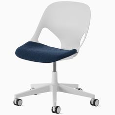 a white and blue office chair with wheels