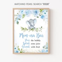 an elephant is sitting on top of a blue flowered frame with the words mom - osa bar