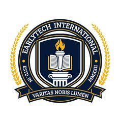 the logo for an international school with a book on it and laurels around it