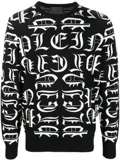 logo-embroidered crew neck sweater from PHILIPP PLEIN featuring black/white, fine knit, all-over logo embroidery, long sleeves and ribbed hem. | Philipp Plein Logo-Embroidered Crew Neck Sweater Graphic Tshirt Design, Knitwear Men, Philipp Plein, Logo Embroidery, Sweater Black, Embroidery Logo, Logo Embroidered, Black Sweaters, Crew Neck Sweater