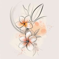 an abstract floral design with orange and white flowers on a beige background, in the center is watercolor splashes