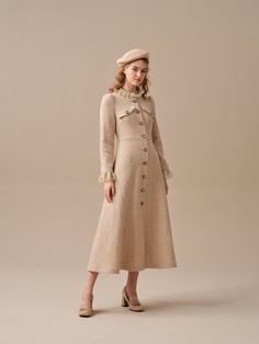 "Introducing this exquisite wool dress from our 2023 AW collection, designed to captivate with its vintage charm and elegant details.  Crafted from luxurious wool, this dress offers a cozy yet stylish option for chilly days.  The combination of the vintage-inspired metal buttons and the whimsical ruffles will transport you to a bygone era, evoking a delightful sense of nostalgia. This wool dress will have you reveling in life's little pleasures, whether you're strolling along the cobblestone streets or sipping tea in a cozy café. 【Fabric】 Wool. Fully lined. 1)THE MOST DURABLE We use only the longest fibers, averaging 39-42mm long. That's about 30% longer than regular Grade A wool. The longer the fiber, the longer your clothes lasts. 2) 100% CLEAN ENERGY Clean energy powered production. fac Luxury Winter Tweed Dress For Formal Occasions, Luxury Tweed Dress For Winter Formal, Luxury Tweed Dress For Formal Winter Occasions, Luxury Tweed Dress For Formal Winter Events, Luxury Long Sleeve Tweed Dress, Luxury Tweed Party Dress For Fall, Fall Luxury Long Sleeve Tweed Dress, Beige Midi Dress For Fall Evening, Elegant Beige A-line Vintage Dress