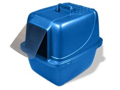 a blue plastic litter box with its door open and the lid partially closed, on a white background