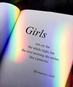 an open book with the words girls on it's page and rainbow light coming from behind