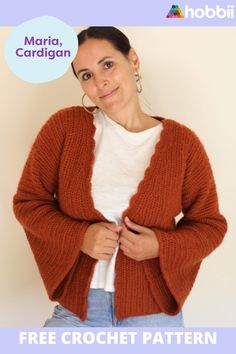 a woman wearing a brown cardigan with the text, free crochet pattern