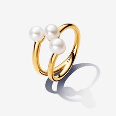 Treated Freshwater Cultured Pearl Open Ring Pandora Pearl, Pandora Essence, Double Band Rings, Bracelet Cuir, Ring Pendant Necklace, Freshwater Cultured Pearls, Plated Ring, Gold Plated Rings, Gold Plated Necklace