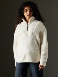 Women wearing white fleece anorak from AETHER Apparel Cozy Half-zip Outdoor Outerwear, Fleece Half-zip Outerwear With Kangaroo Pocket, Cozy Fleece Half-zip Outerwear, Cozy Half-zip Fleece Outerwear, Cozy White Half-zip Outerwear, Womens Sherpa, Womens Fleece, Sherpa Fleece, Winter White