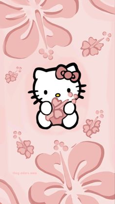 a hello kitty wallpaper with pink flowers and butterflies in the background, as well as an image of a teddy bear