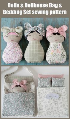 Dolls and Dollhouse Bag & Bedding Set sewing pattern. Making these lovely tiny dolls is an ideal project for beginners and for children’s craft! These soft dolls can become a good child’s friend! It's an easy and fast project that requires very little supplies. Simple Sewing Toys, Super Easy Sewing Patterns, Tiny Doll Pattern Free, Beginner Sewing Stuffed Animals, Easy Stuffies To Sew, Sewing Mini Projects, Sew Stuffed Animals Easy, Easy Doll Patterns Free