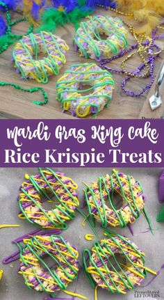 mardi gras king cake rice krispie treats are ready to be eaten and put on the table