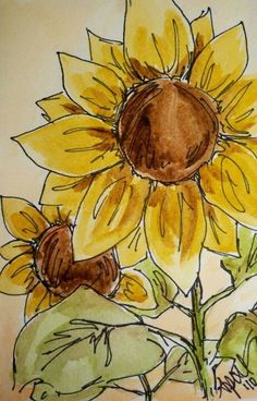 a drawing of a sunflower with green leaves