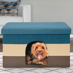 a dog is sitting in a blue and beige pet bed with his tongue out while looking at the camera