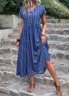 Non-stretch Bohemian Blue Dresses, Blue Bohemian Dress With Geometric Pattern, Blue Non-stretch Bohemian Midi Dress, Blue Bohemian Non-stretch Midi Dress, Bohemian Blue Non-stretch Midi Dress, Bohemian Blue Midi Dress, Blue Dress With Geometric Pattern For Vacation, Blue Non-stretch A-line Maxi Dress, Blue A-line Non-stretch Maxi Dress