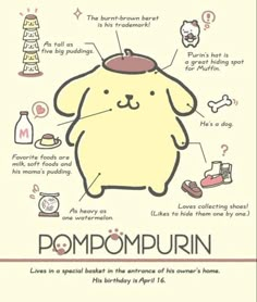 a poster with an image of a dog's head and the words pompompurin on it