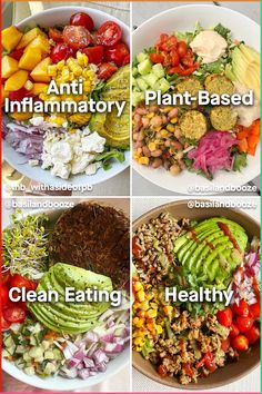 four pictures showing different types of salads and what they mean them to be healthy