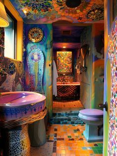 a colorful bathroom with a toilet and sink