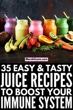 an assortment of juices and smoothies with text overlay that reads, 35 easy & tasty juice recipes to booster your imine system