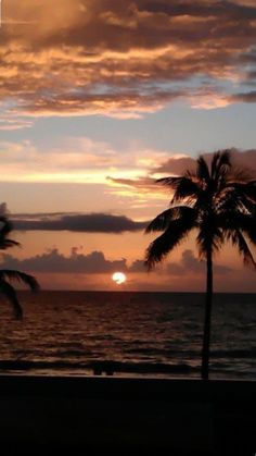 the sun is setting over the ocean with two palm trees in front of it and some clouds