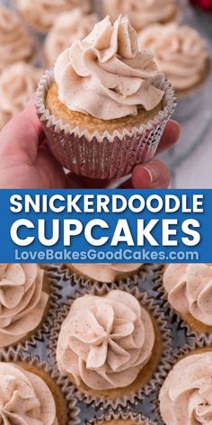 a person holding up a cupcake with frosting on it and the words, snickkerdoodlele cupcakes