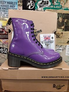 Dr Martens Clemency Bright Purple Size 6 UK.  Clemency limited Edition heeled boots. Purple Leather Round Toe Platform Boots, Purple Leather Platform Boots With Round Toe, Purple Round Toe Boots For Fall, Fall Purple Round Toe Boots, Purple Leather Platform Boots, Purple Ankle Boots With Reinforced Heel, Purple High-top Boots For Fall, Purple Round Toe Heeled Boots For Winter, Casual Purple High Heel Boots