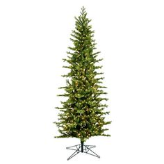 a tall artificial christmas tree with lights on it's sides and a metal stand