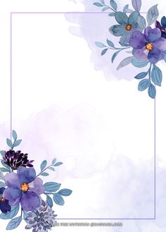 watercolor flowers and leaves on a white background with a blue frame in the middle