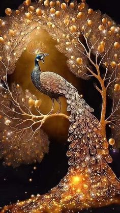 a painting of a peacock standing in front of a tree with golden balls on it