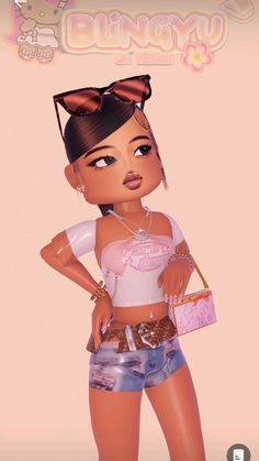 an animated girl with short shorts and pink shirt holding a purse in her hand,