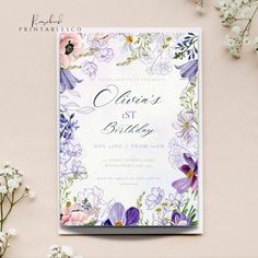 an elegant floral birthday card with purple and pink flowers