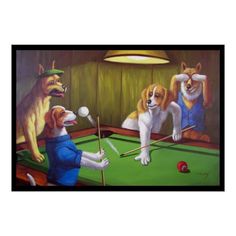 a painting of dogs playing pool in a room with other dogs on the sidelines