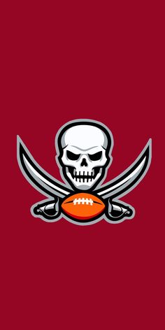 a skull and crossbones with an orange football in front of it on a red background