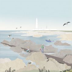 an illustration of people fishing in the ocean with birds flying around and lighthouse in the background