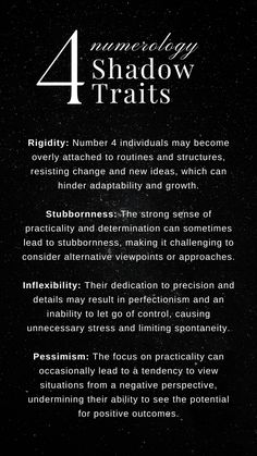 While Number 4 embodies stability, order, and diligence, it also reveals its shadow facets. These shadows include rigidity, stubbornness, inflexibility, and occasional pessimism. By acknowledging and addressing these traits, we can navigate life's intricacies with a balanced perspective, fostering growth and embracing positive change. #Numerology #Number4 #ShadowAspects #SelfAwareness 4 Numerology, Numerology Number 4, Spell Books