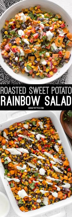 two pictures of roasted sweet potatoes and rainbow salad in a white casserole dish