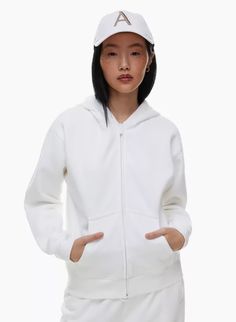 COZY FLEECE PERFECT ZIP HOODIE | Aritzia Aritzia Tops, Embroidery Materials, Zip Up Hoodie, Colorful Hoodies, Zip Up, Zip Hoodie, Zip Ups, Color White, Perfect Fit