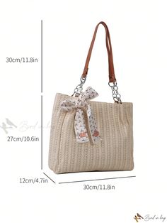 Bird in Bag - Exquisite Oversized Woven Beach Bag featuring Silk Scarf Embellishment and Elegant Metal Chain Shoulder Strap for Women Elegant Large Capacity Beach Bag For Vacation, Rectangular Straw Bag With Chain Strap For Vacation, Casual Beige Bag With Chain Strap, Brown Vacation Bag With Chain Strap, Brown Bags With Chain Strap For Vacation, Brown Bag With Chain Strap For Summer, Elegant Beige Beach Bag, Summer Beach Straw Bag With Chain Strap, Summer Straw Bag With Chain Strap