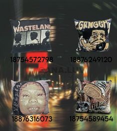 four pillows with different faces on them and numbers in the middle one has an image of a man's face