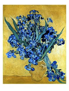 a painting of blue flowers in a yellow vase