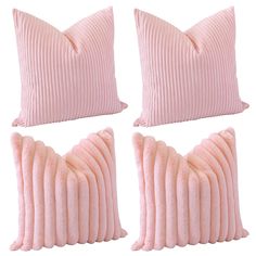 three pink pillows with pleated edges on white background