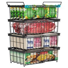 three tiered storage rack with food and drinks in containers on each shelf, one is black