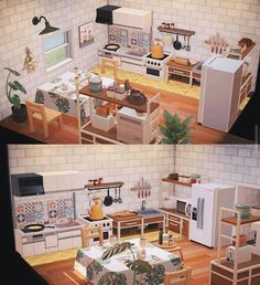 two pictures of the same kitchen and living room in different stages of being made together