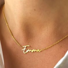 "14k Gold Necklace Minimal Name Jewelry, Custom Word Necklace Dainty Name Necklace, Personalized Necklace, Personalized Jewelry, Custom Necklace, Name Necklace Gold, Custom Jewelry, Bridesmaid Necklace This jewelry makes great new mom necklace, new mother gift, gift for mom-to-be, sister necklace, mother daughter necklace and mother's gift. DAINTY NAME NECKLACE FEATURES Material: 14K Solid Gold (not gold plated, not gold filled) Chain is also 14K solid gold Finish: Polished Color: 14K white Gold Gold Signature Necklaces For Mother's Day, Rose Gold Name Necklaces, Custom Gold Necklace For Valentine's Day, Valentine's Day Gold Custom Necklace, Signature Name Necklace As Gift, Signature Style Name Necklace As A Gift, Elegant Signed Jewelry For Gift, Best Mom Gifts, Word Necklace