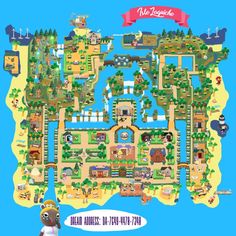 a map of the island in animal crossing, which is located on top of a blue background