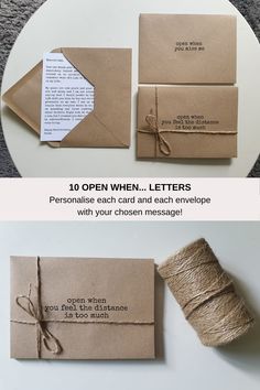 an open envelope with twine on it and the words,'10 open when letters personalize each card and each envelope with your chosen message