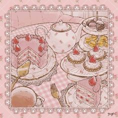 a table topped with cakes and cupcakes on top of pink cloth covered plates