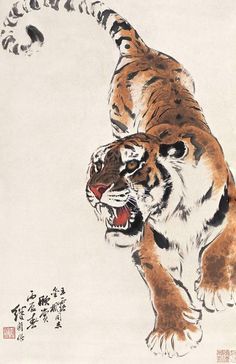 a drawing of a tiger with its mouth open