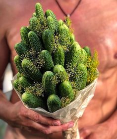 a man holding a bunch of green cucumbers in his left hand and wearing no shirt