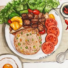 a drawing of a plate of food with tomatoes, lettuce and other vegetables