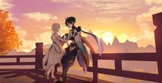 two anime characters standing on a bridge at sunset